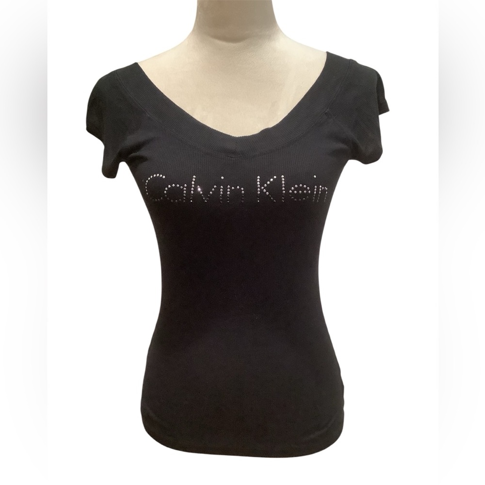 Calvin Klein Black V-Neck Short Sleeve Top with Stud Logo Size S